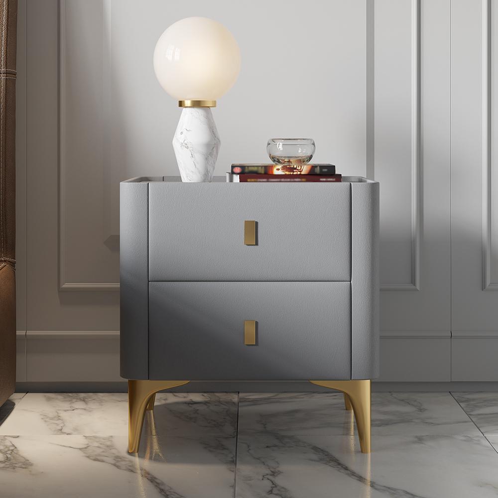 Modern Off White Nightstand 2-Drawer Bedside Cabinet with Stone Top & Microfiber Leather