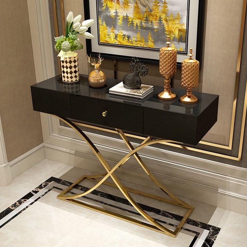 Black Console Table with Drawer Entryway Table Contemporary for Hallway X Gold Base