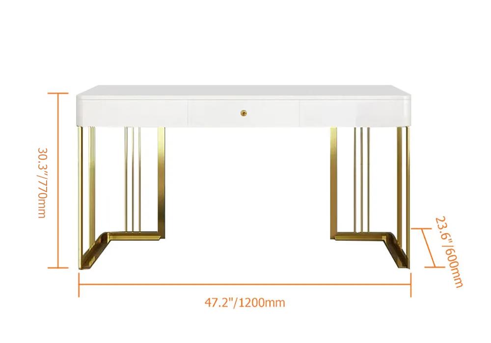 47" Glossy White Wooden Writing Desk Modern Desk Computer Desk with Drawers in Gold Base