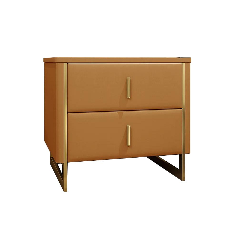 Modern Off White Nightstand 2-Drawer Faux Leather Bedside Table in Gold