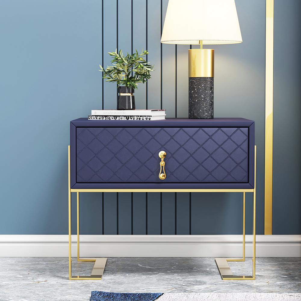 Modern Nightstand with Drawer, PU Leather in Deep Blue, Gold Leg