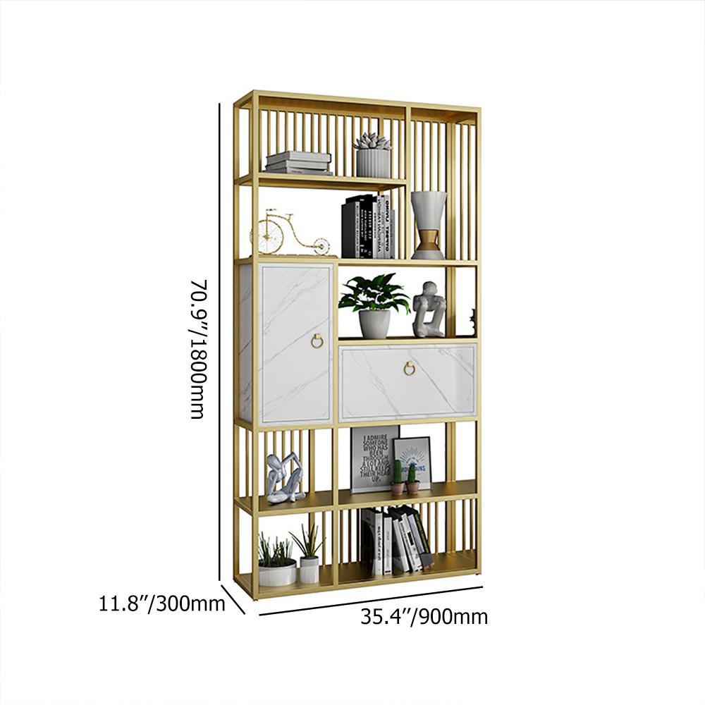 70.9" Modern 5-Tier Geometric Bookshelf with 1 Drawer and 1 Door in White & Gold