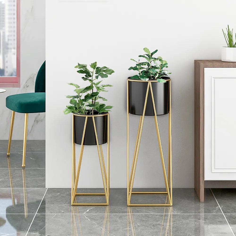 Gold Plant Pots Modern Planter with Gold Stand for Indoor&Outdoor Set of 2
