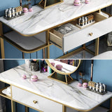 Faux Marble Tabletop Dressing Makeup Table with Mirror & Drawer Chair Included Metal Base in Gold Small