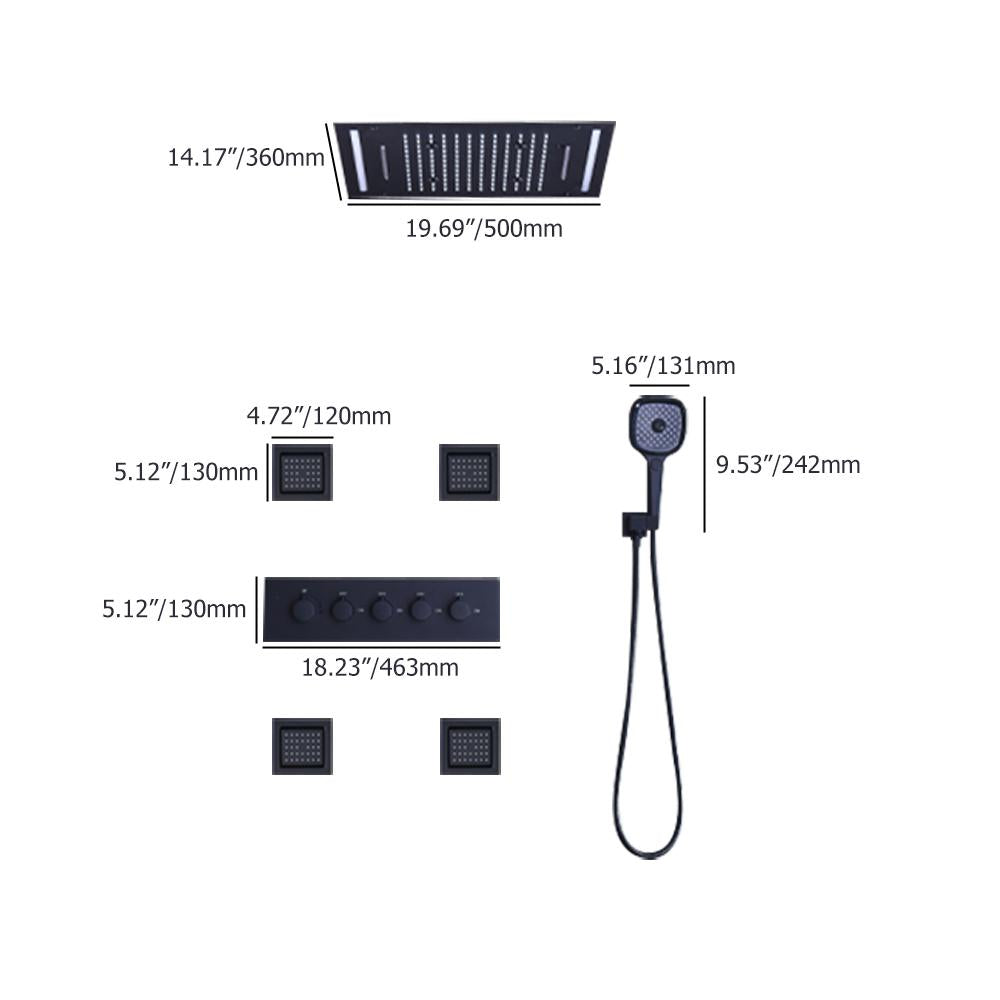 20'' Wall-Mounted LED Thermostatic Shower System with Waterfall Rain & 4 Body Jets