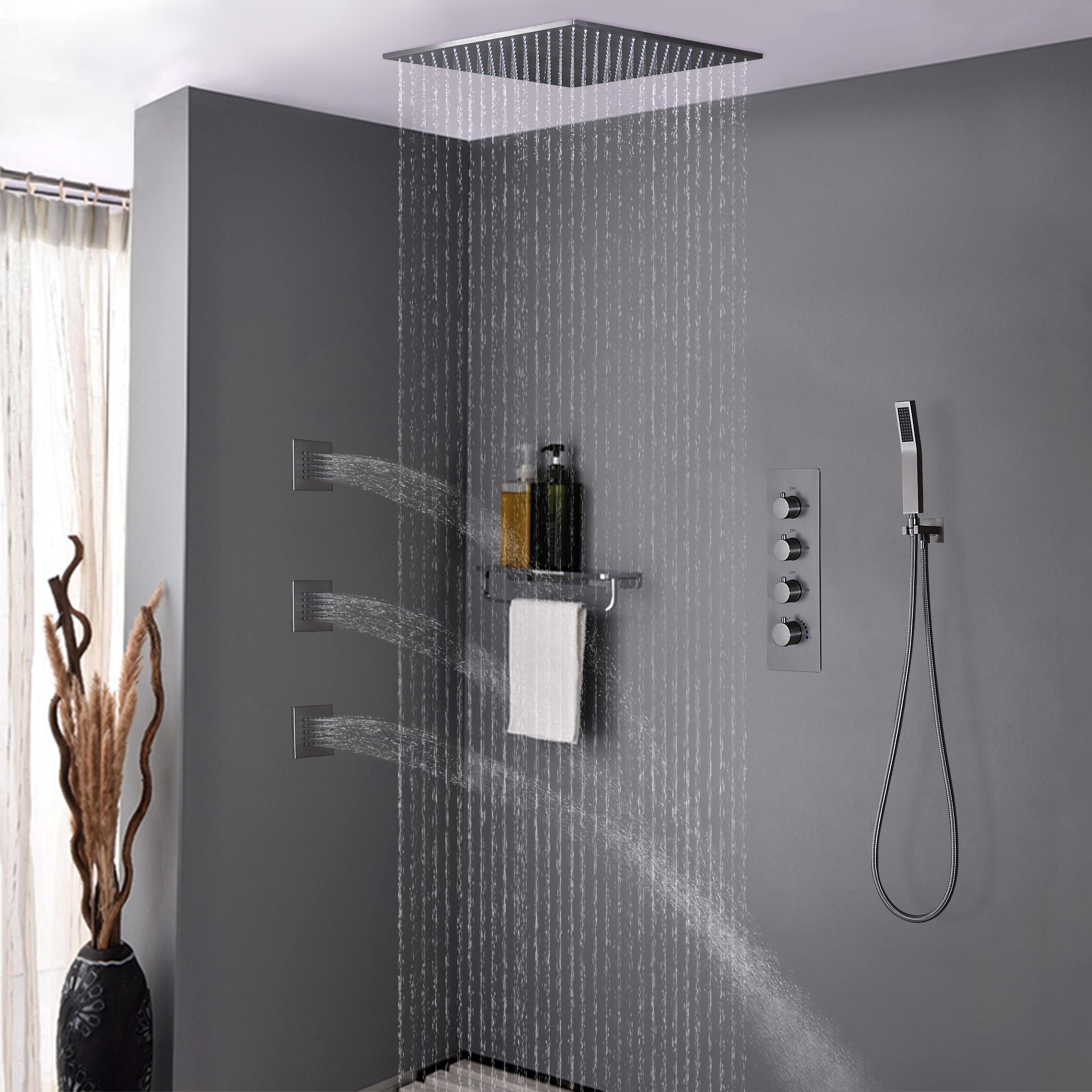 Modern Rain Thermostatic Brushed Nickel Shower Faucet Flush Mount Shower System with Hand Shower & Body Jets Solid Brass