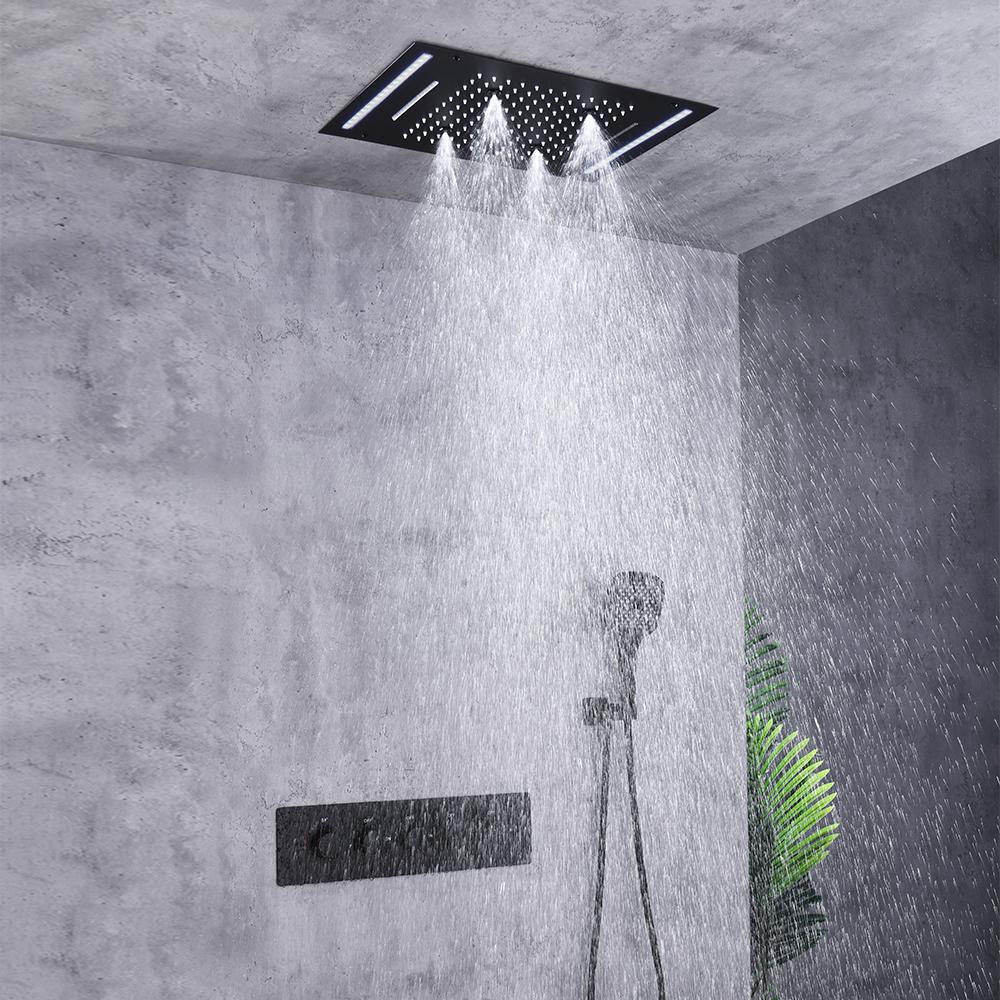 Ceiling Mounted 20" Thermostatic Black Shower System Rainfall 4 Functions