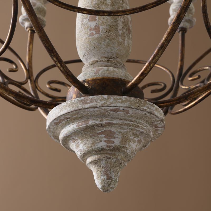 Retro White Scrollwork Distressed Wood 6-Light Candle-Style Chandelier