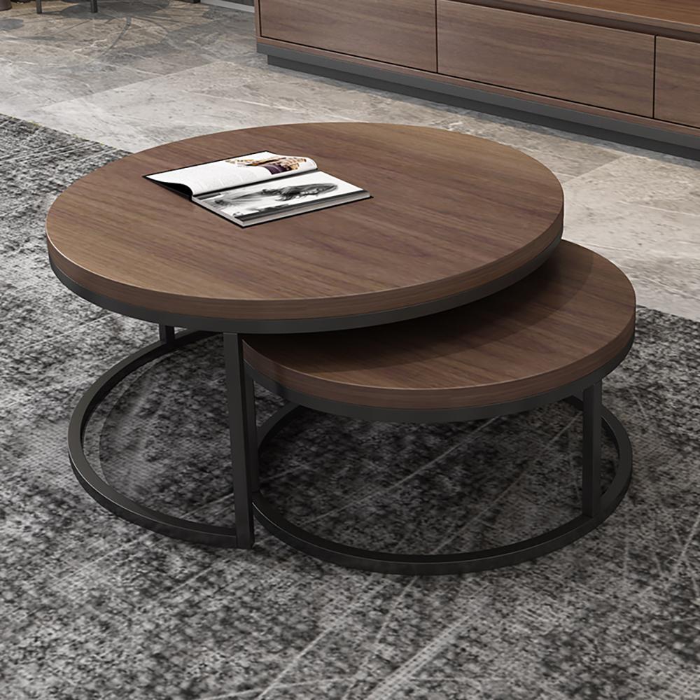 2 Pieces Modern Wood Gray & Black Round Nesting Coffee Table for Living Room