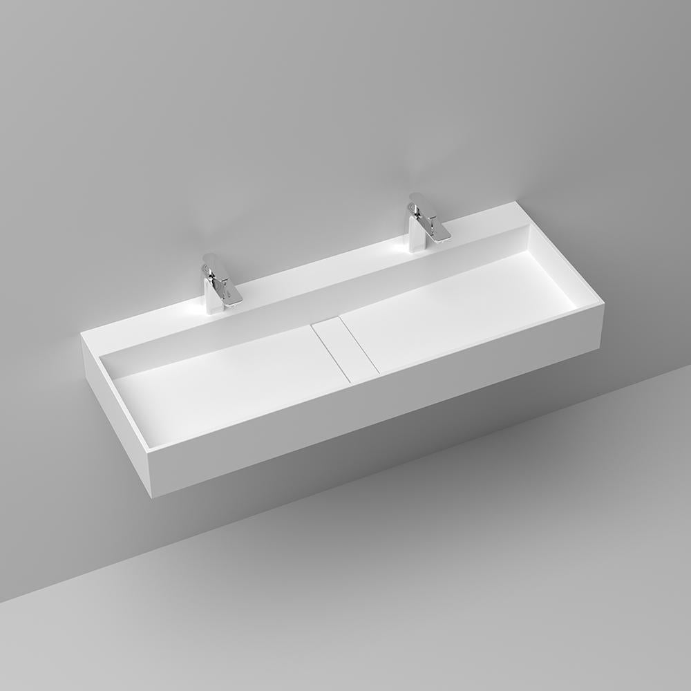 47 Inch Wall-Mount Double Sink Stone Resin Matte White Trough Bathroom Sink