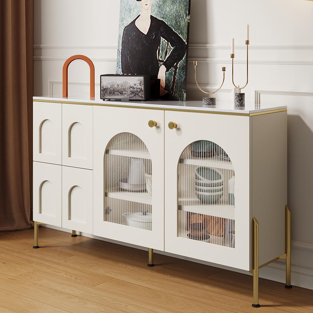 47" Modern White Arch Sideboard Buffet with 2 Doors & Drawers Carved Credenza