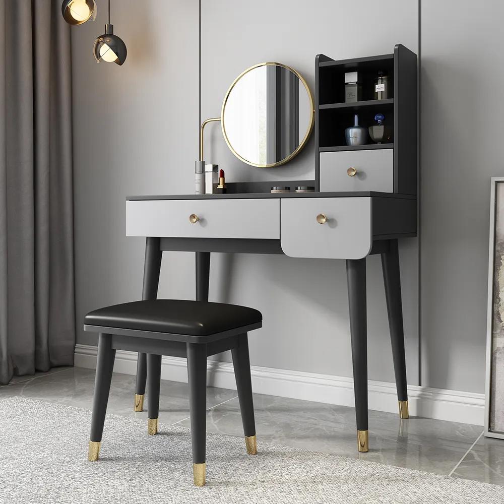 2 Pieces Minimalist Makeup Vanity Set in Walnut with Mirror & Stool