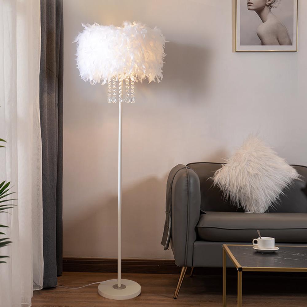 Modern Floor Lamp with Feather Shade Standing Lamp for Living Room in White