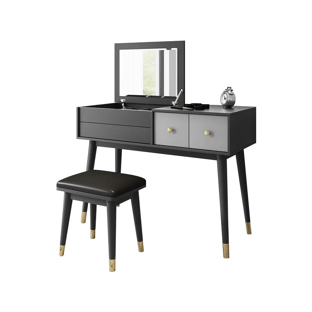 Classic Walnut Makeup Vanity Set with Flip-top Mirror & Stool