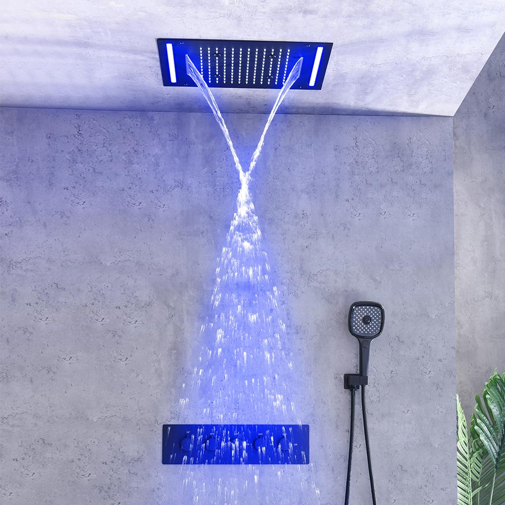 Ceiling Mounted 20" Thermostatic Black Shower System Rainfall 4 Functions