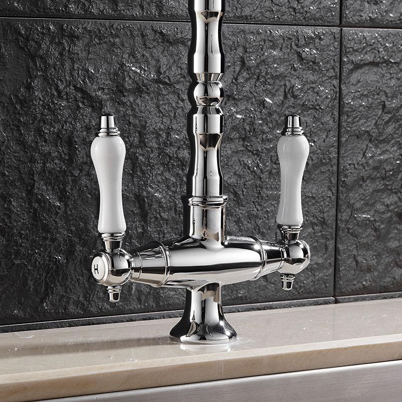 Porcelain Double Handles Single Hole Brass Kitchen Faucet in Polished Chrome