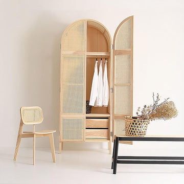 Woven Rattan Bedroom Clothing Armoire with Hidden 2 Doors and Drawers Wardrobe, Natural