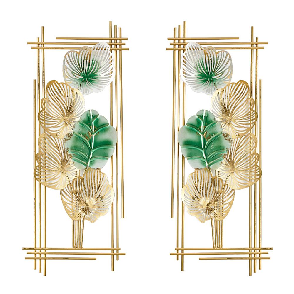 2 Pieces Metal Leaf Framed Wall Decor Gold & Green Rectangle