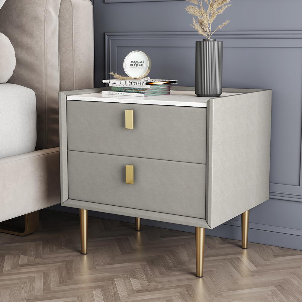 Modern 2 Drawers PU Leather Bedside Table Nightstand with Gold Metal Legs