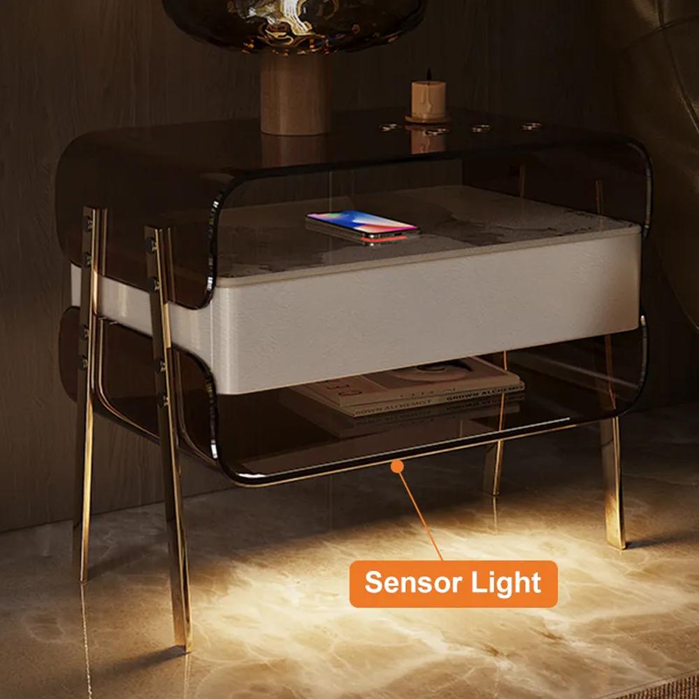 Modern Lighted Brown Nightstand with Wireless Charging Station Acrylic Bedside Table
