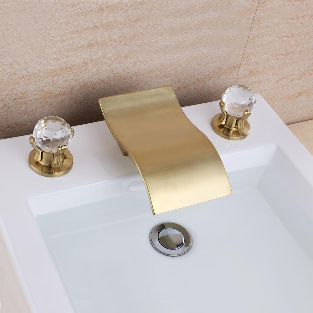Deck Mount Widespread Waterfall 2 Crystal Handle Bathroom Sink Faucet in Brushed Gold