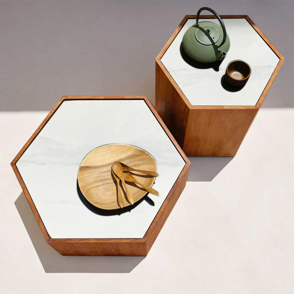 2Pcs Modern Hexagon Faux Marble & Teak Wood Outdoor Coffee Table Set in Natural & White
