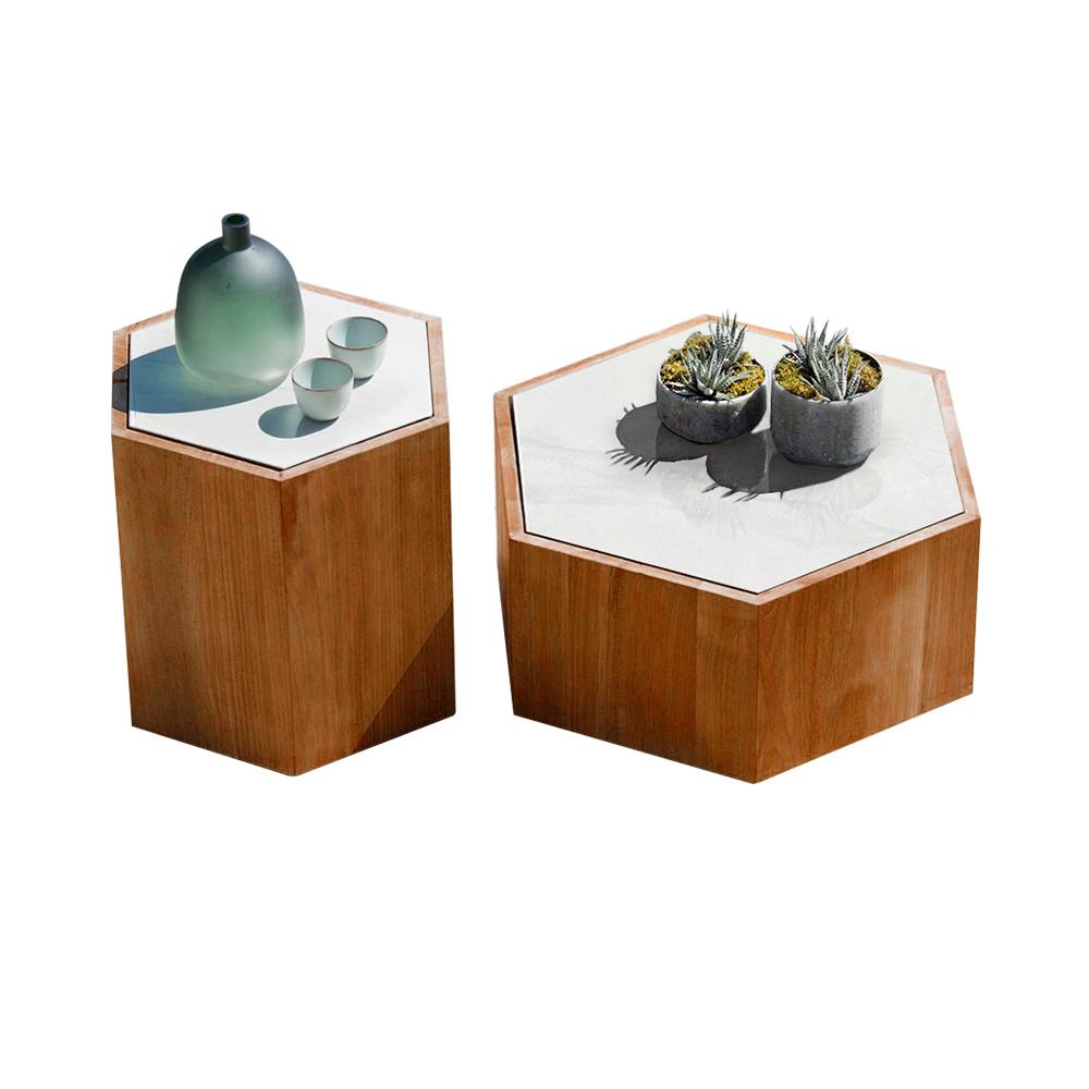 2Pcs Modern Hexagon Faux Marble & Teak Wood Outdoor Coffee Table Set in Natural & White