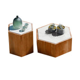 2Pcs Modern Hexagon Faux Marble & Teak Wood Outdoor Coffee Table Set in Natural & White