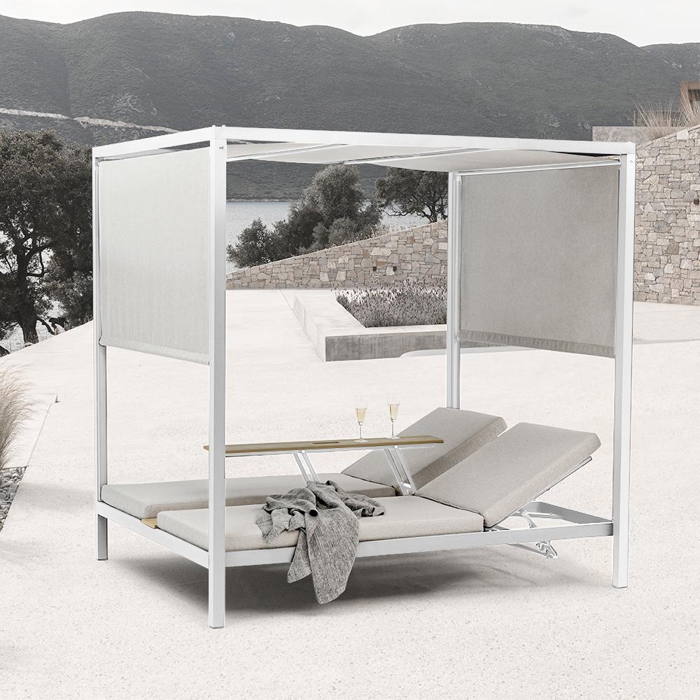 2-Person White Aluminum Outdoor Patio Daybed with Canopy & Walnut Lift Top Coffee Table