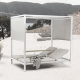2-Person White Aluminum Outdoor Patio Daybed with Canopy & Walnut Lift Top Coffee Table