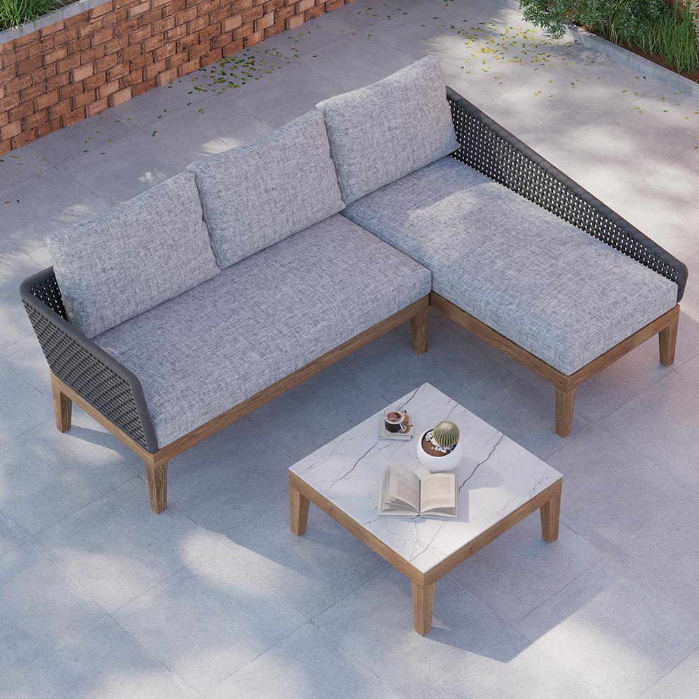 3 Pieces Aluminum & Braided Rope Outdoor Sectional Sofa Set with Coffee Table in Gray