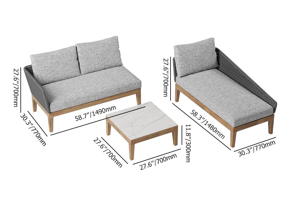 3 Pieces Aluminum & Braided Rope Outdoor Sectional Sofa Set with Coffee Table in Gray