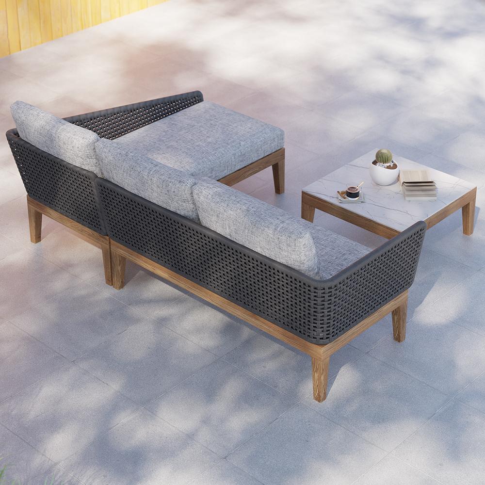 3 Pieces Aluminum & Braided Rope Outdoor Sectional Sofa Set with Coffee Table in Gray