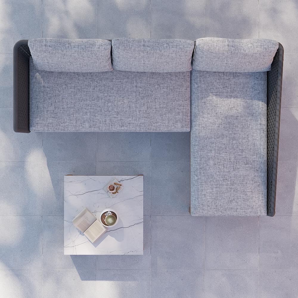 3 Pieces Aluminum & Braided Rope Outdoor Sectional Sofa Set with Coffee Table in Gray