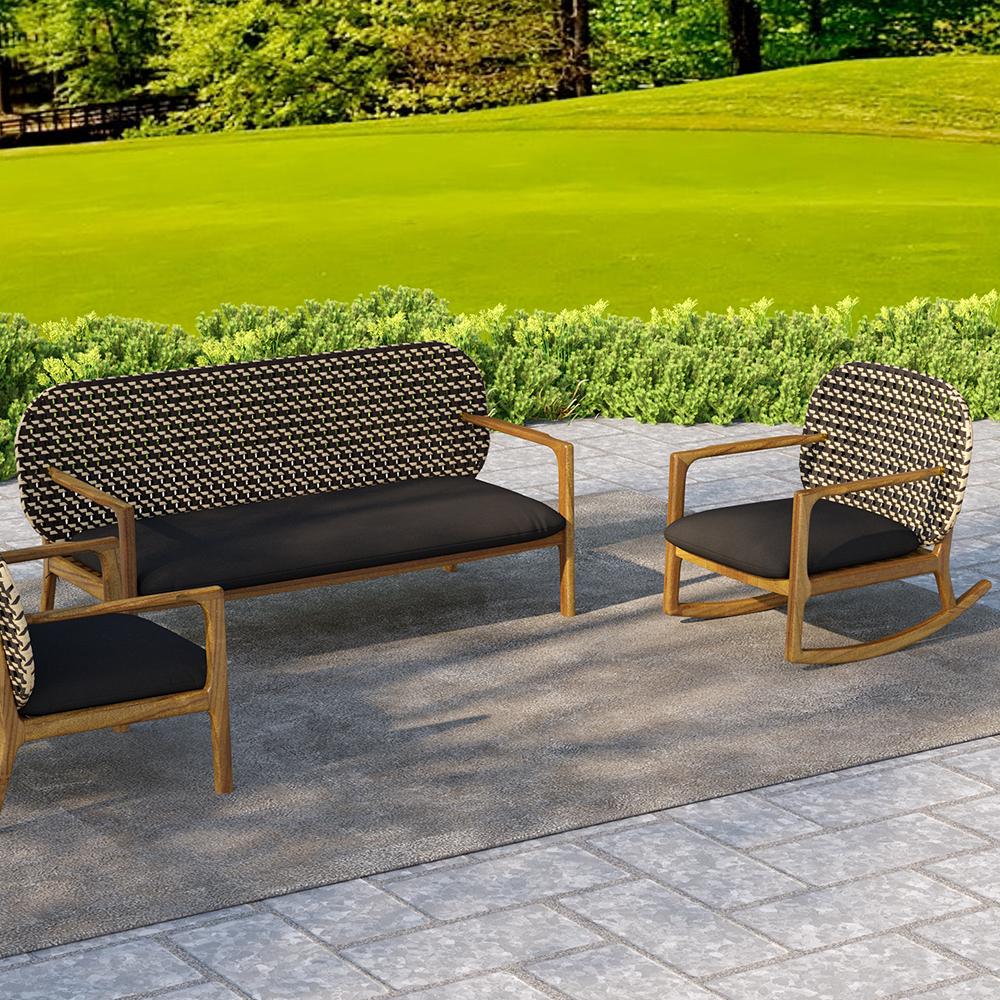 2 Pieces Teak & Rattan Outdoor Sofa Set Patio Wood Rocking Chair with Cushion in Natural