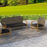 2 Pieces Teak & Rattan Outdoor Sofa Set Patio Wood Rocking Chair with Cushion in Natural