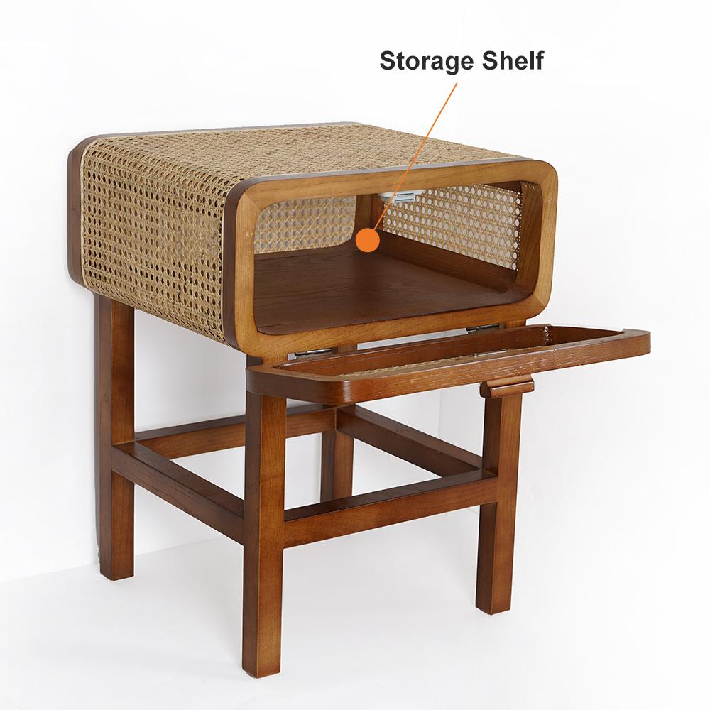 Wooden Walnut Nightstand Rattan Drawer for Bedroom Living Room Storage Bedside Table