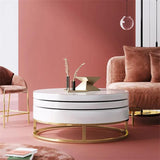 White Round Modern Wood Swivel Coffee Table with Storage Drawer in Gold