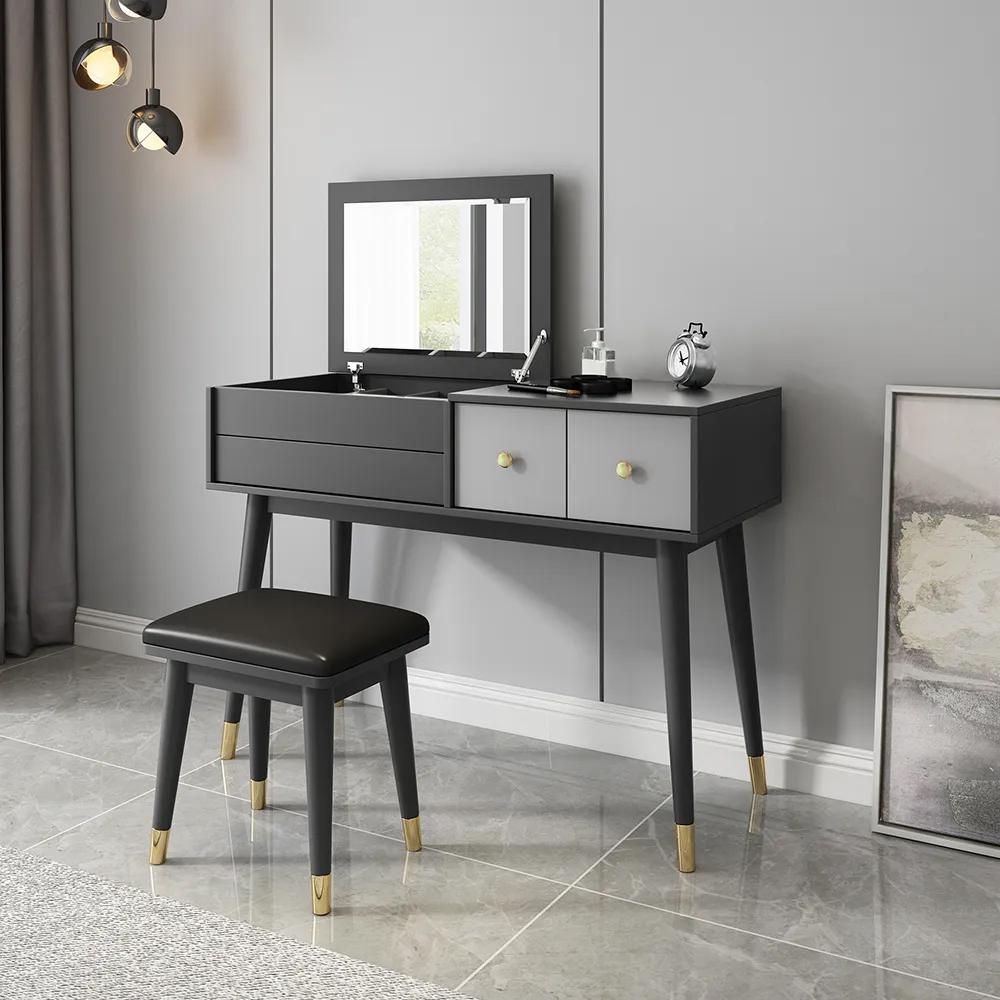 Classic Walnut Makeup Vanity Set with Flip-top Mirror & Stool