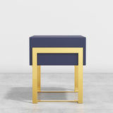 Modern Nightstand with Drawer, PU Leather in Deep Blue, Gold Leg