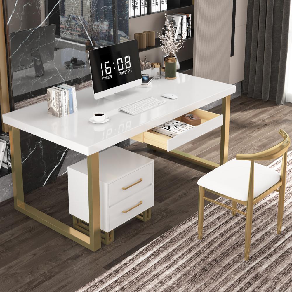 55" Modern White Office Desk Executive Desk with 3 Drawers & 1 Cabinet & 1 Chair