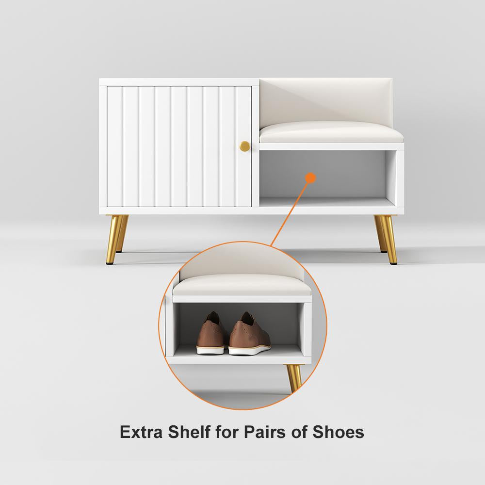 White Contemporary Upholstered Shoe Rack Bench with Storage Cabinet and Shelf Entryway