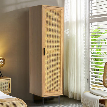 70" Nordic Natural Closet Rattan Woven Cloth Storage Wardrobe with Shelf & Rail