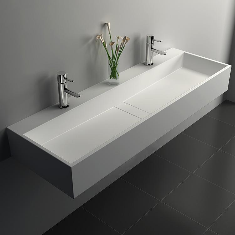 47 Inch Wall-Mount Double Sink Stone Resin Matte White Trough Bathroom Sink