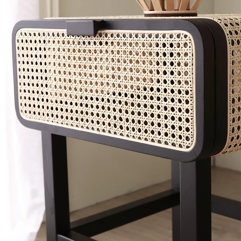 Wooden Walnut Nightstand Rattan Drawer for Bedroom Living Room Storage Bedside Table