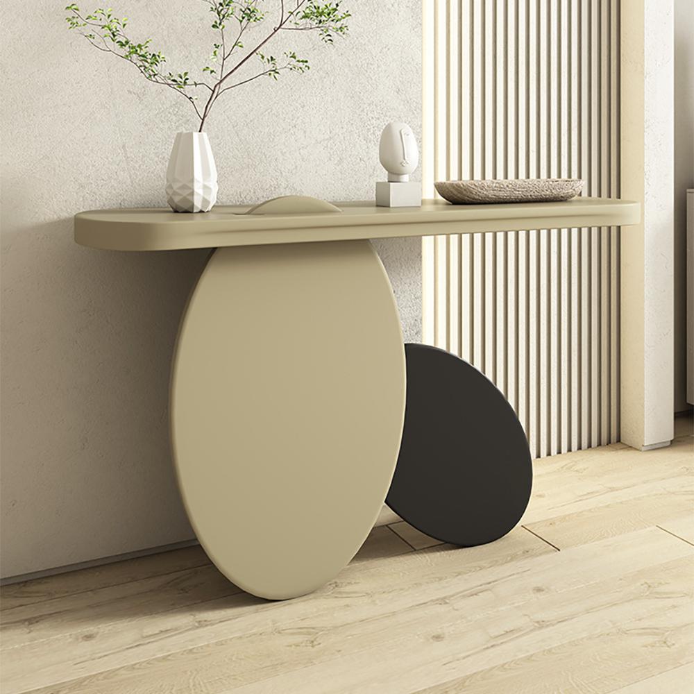 39.4" Modern Console Table Rectangular Wood Entryway Table with Circle Base Light Khaki
