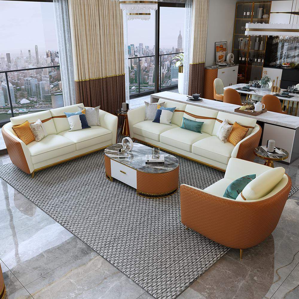 Orange Faux Leather Living Room Sofa with Single Sofa & Loveseat Set of 3-Richsoul-Furniture,Living Room Furniture,Living Room Sets