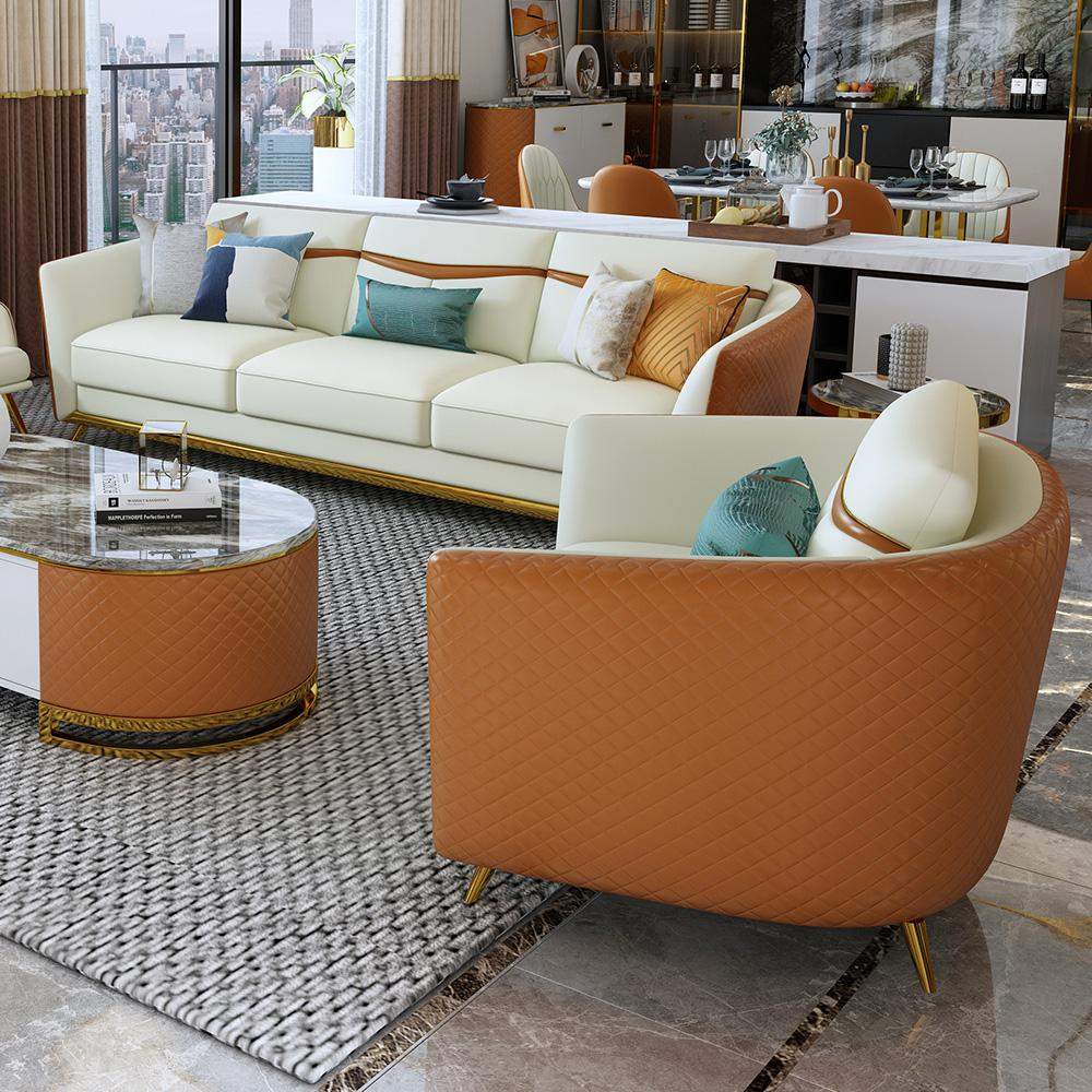 Orange Faux Leather Living Room Sofa with Single Sofa & Loveseat Set of 3-Richsoul-Furniture,Living Room Furniture,Living Room Sets