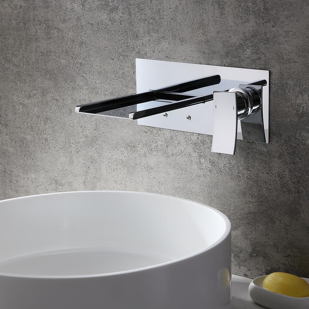 Koko Contemporary LED Wall-Mounted Polished Chrome Brass Waterfall Bathroom Sink Faucet