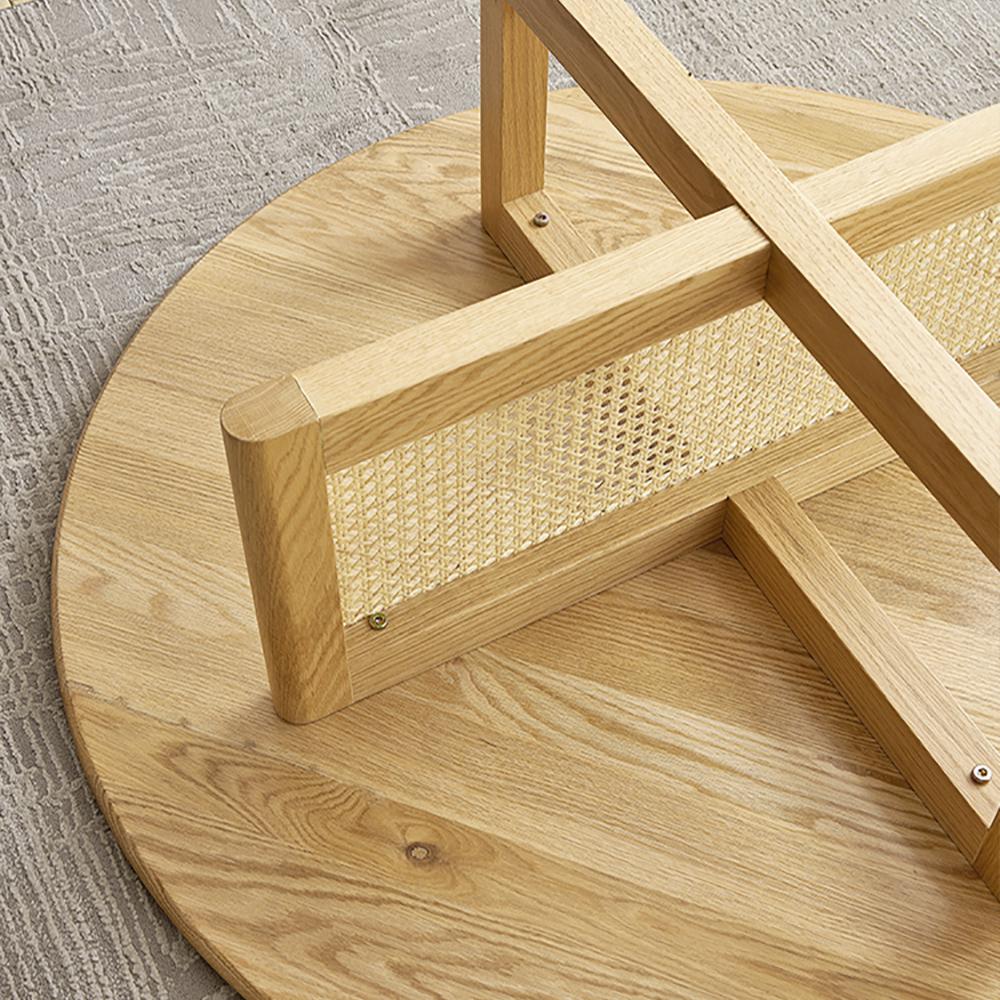 32" Modern Round Pine Wood and Rattan Coffee Table in Natural